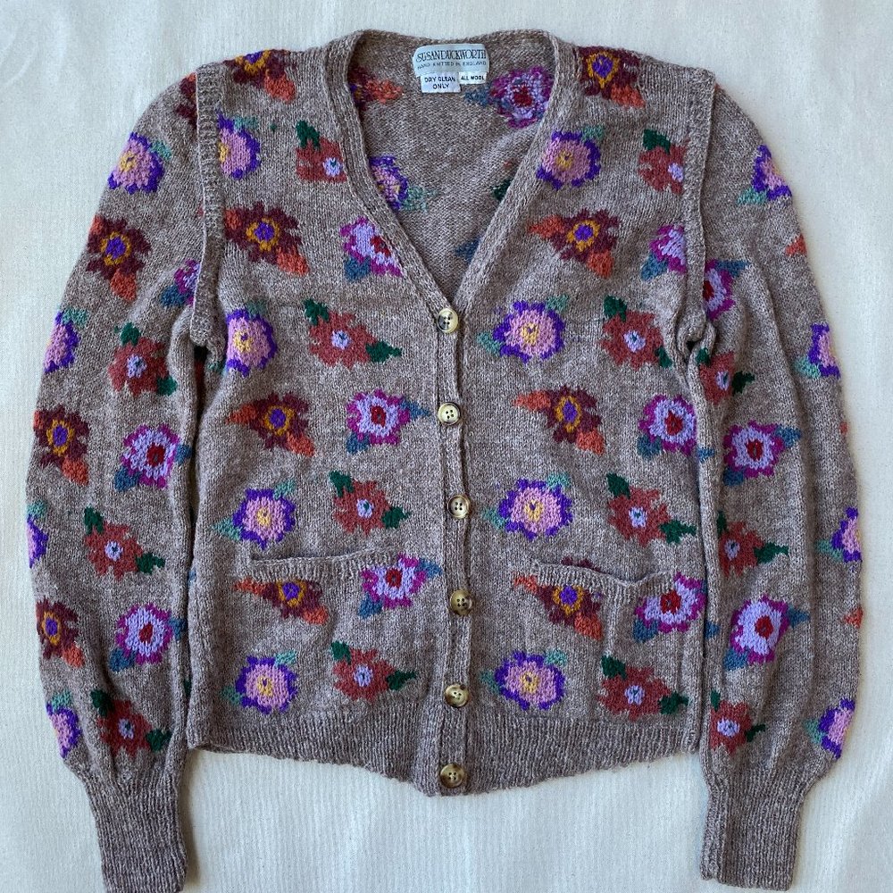 Susan Duckworth Stunning Vintage Brown and Colorful Flower Wool Cardigan, Size M